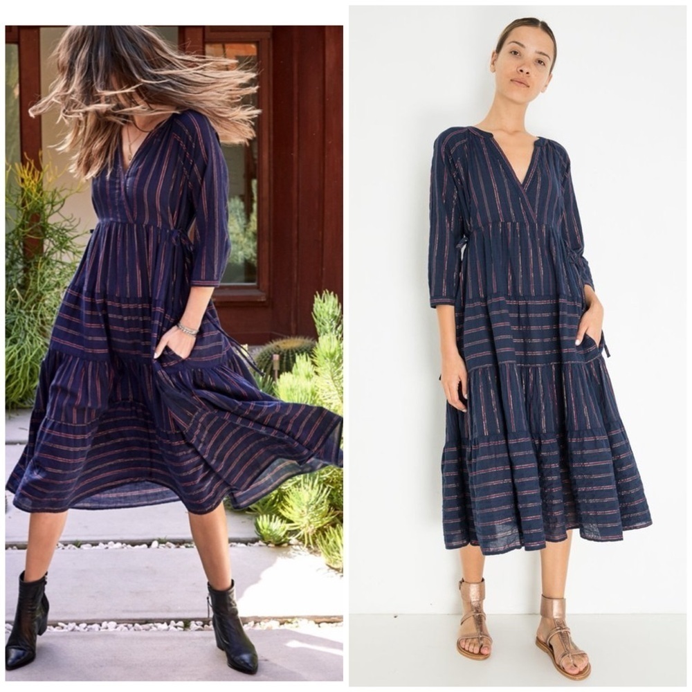 Xirena / Layna Dress lapis blue metallic wrap midi dress 100% cotton XS